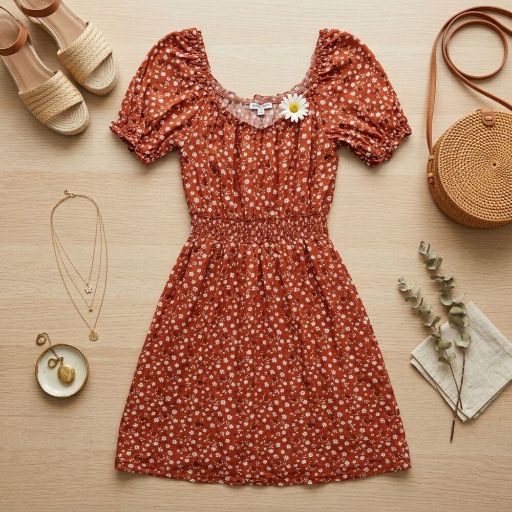 Floral Mini Dress Fall Rust Cottagecore Fairycore whimsical Indie